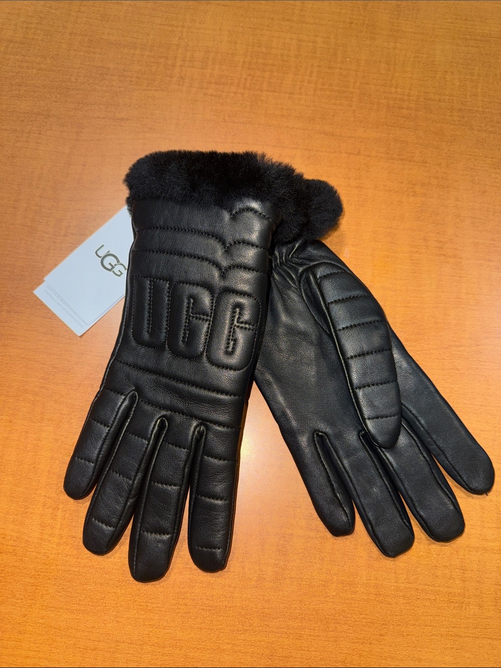UGG Black Leather Quilted Shearling-Trim Gloves